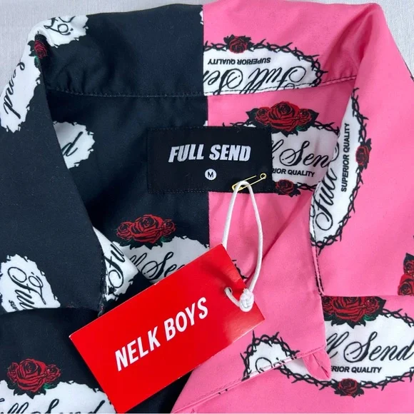 Full Send Nelk Boys Split Rose Logo Shirt Pink Black Button Up Size Medium NWT - Picture 8 of 12